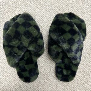 Green and Black Check Fuzzy Slippers